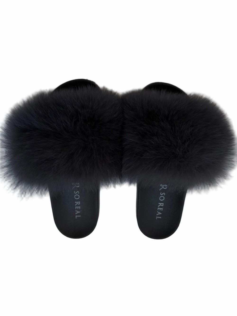 So Real Black Real Fur Slide Slippers Size 8-8.5 Plush Rubber Soles Soft